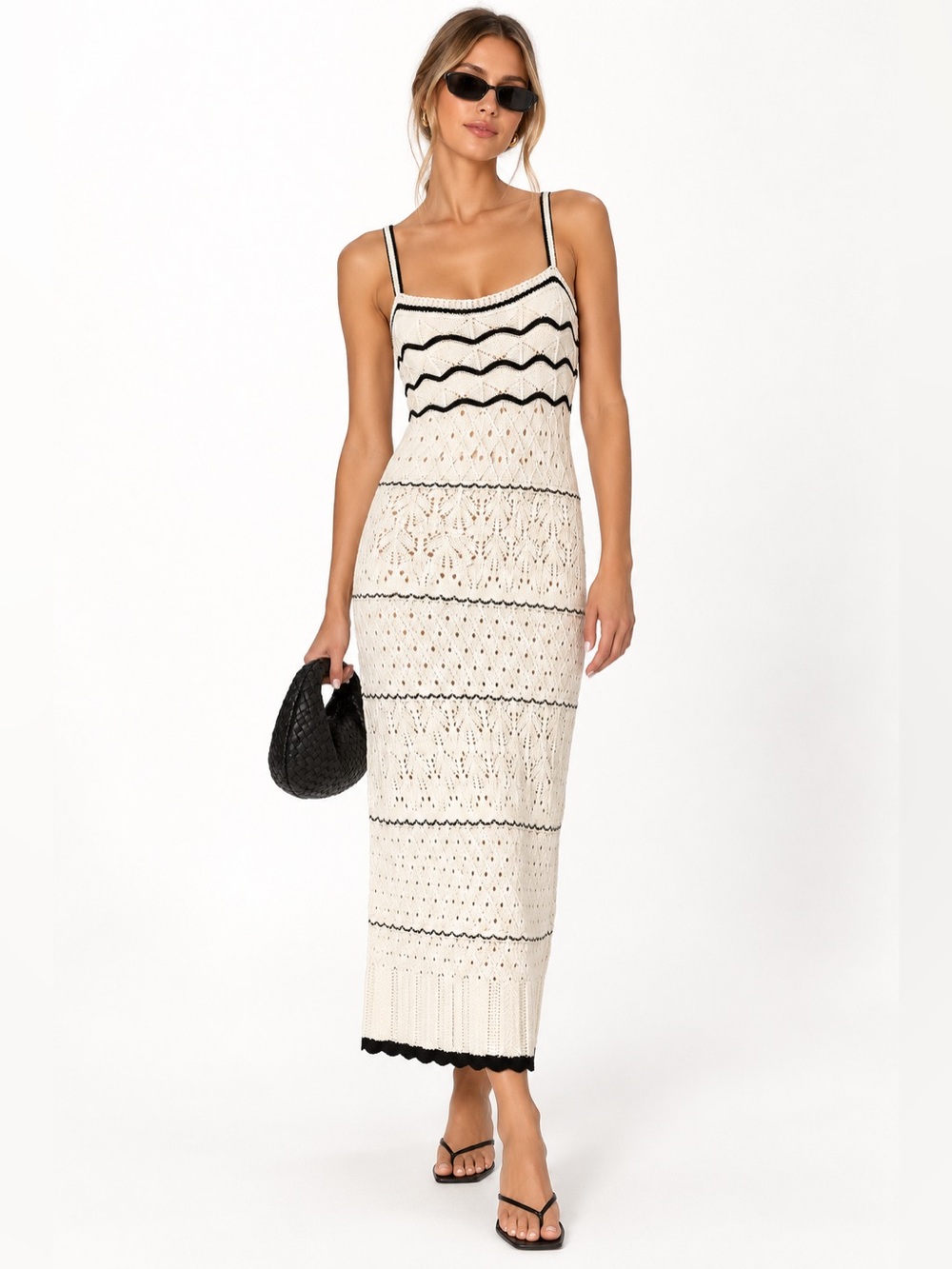 Commense Cream Black Contrast Pointelle Knit Cami Midi Maxi Dress Size M